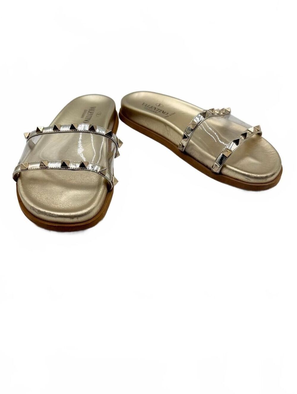 Valentino Garavani Rockstud Transparent PVC Metallic Gold Flat Slide Size 37 - Picture 2 of 9